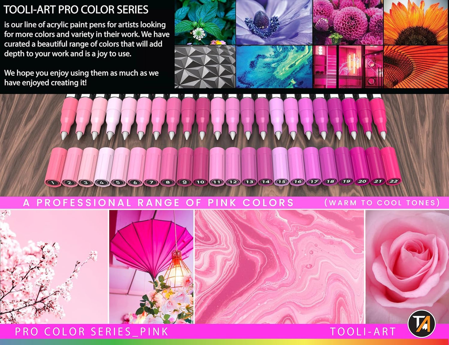 Acrylic Paint Pens 22 Pink Tones Assorted Pro Color Series Markers Set 0.7mm Extra Fine Tip for Rock Painting, Glass, Mugs, Wood, Metal, Canvas, Projects, Non Toxic, Waterbased, Quick Drying