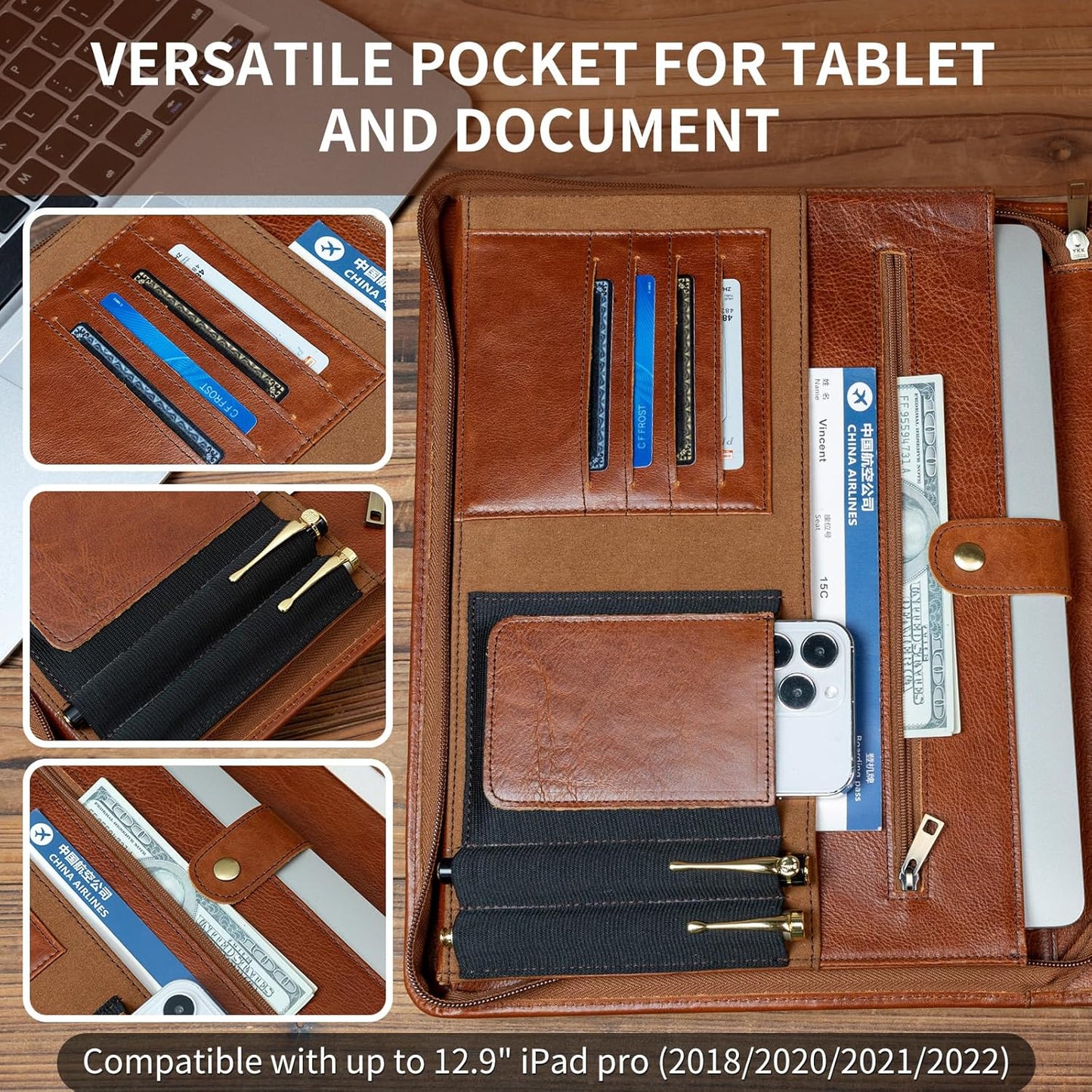 Handmade Vintage Crazy Horse Leather Portfolio Letter (A4) Size Notepad,Business Organizer Padfolio with Handle, for iPad Pro/Microsoft Surface Pro/13 inch Tablet (Custom,Oil Wax-Brown)