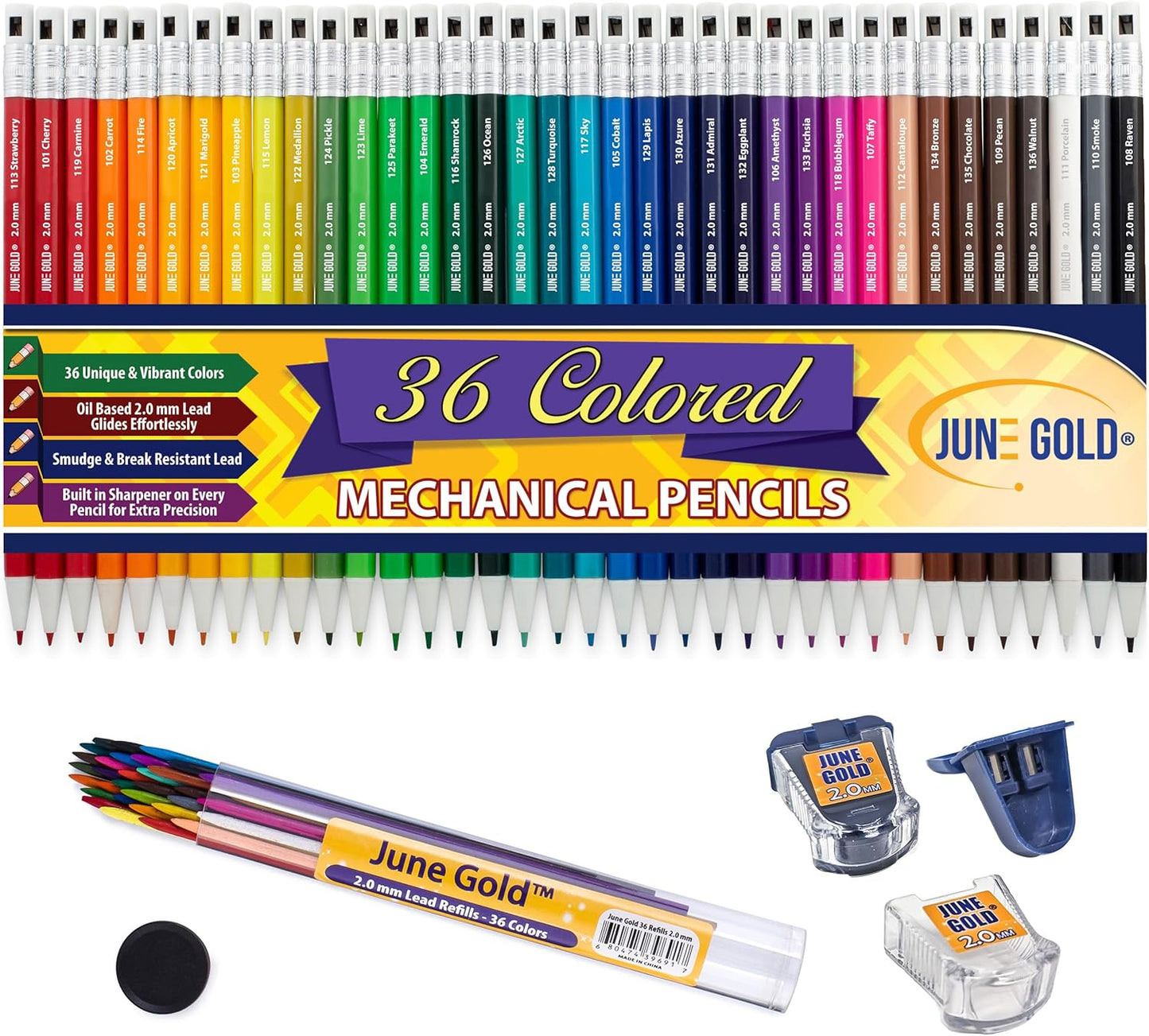 June Gold 36 Assorted Colored 2.0 mm Mechanical Pencils with 36 Unique Color Leads, 36 Extra Refills, 2 Independent Sharpeners, Color Name is Printed on Each Pencil Barrel, Built in Rear Sharpener