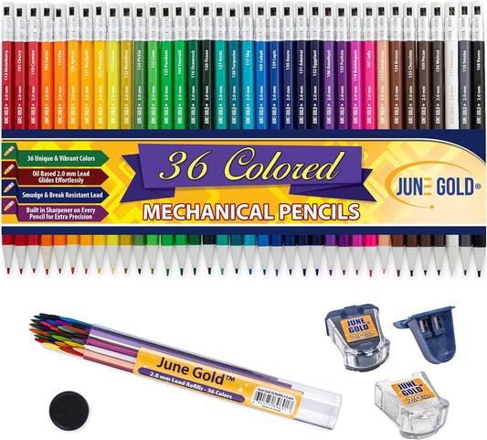June Gold 36 Assorted Colored 2.0 mm Mechanical Pencils with 36 Unique Color Leads, 36 Extra Refills, 2 Independent Sharpeners, Color Name is Printed on Each Pencil Barrel, Built in Rear Sharpener