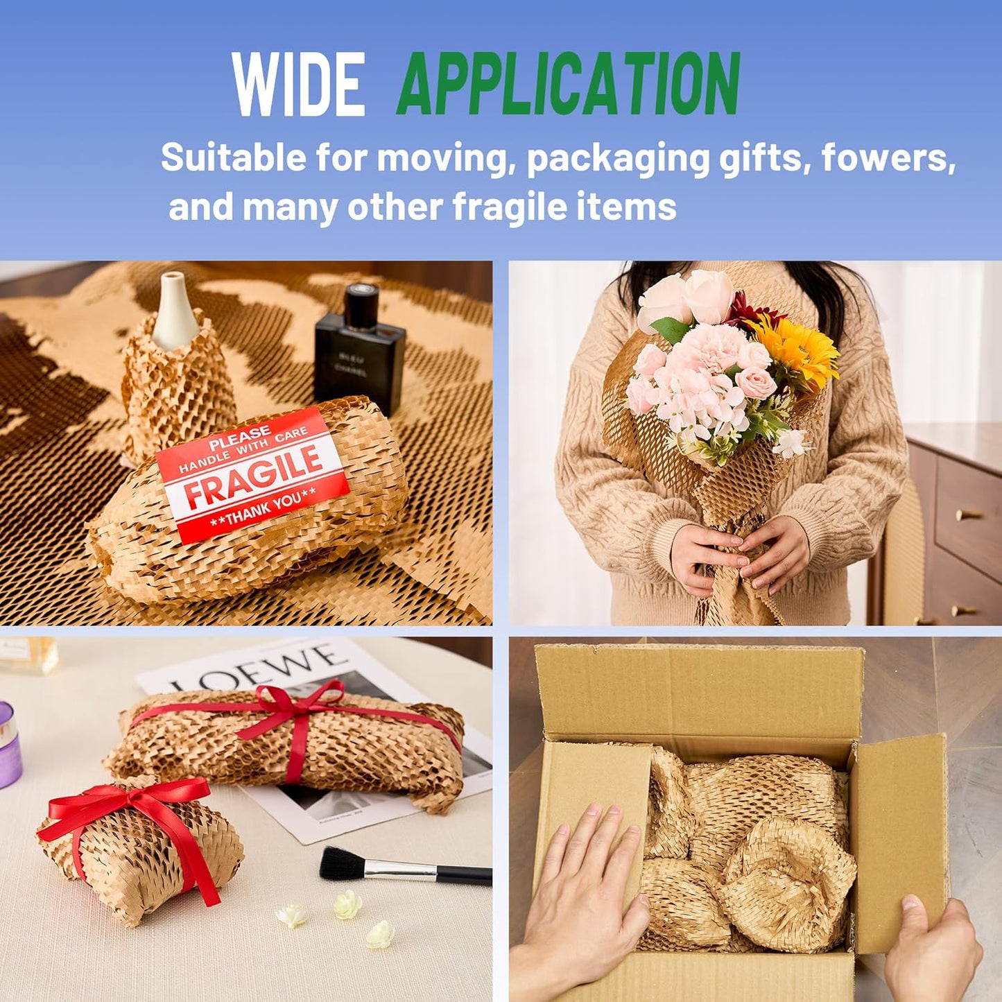 Honeycomb Packing Paper 12"Wx50'L-Bubble Wrap Substitute Alternative for Shipping, Moving Supplies, Small Business Packaging, Packing Boxes & Gifts Wrapping Paper with 20 Fragile Stickers