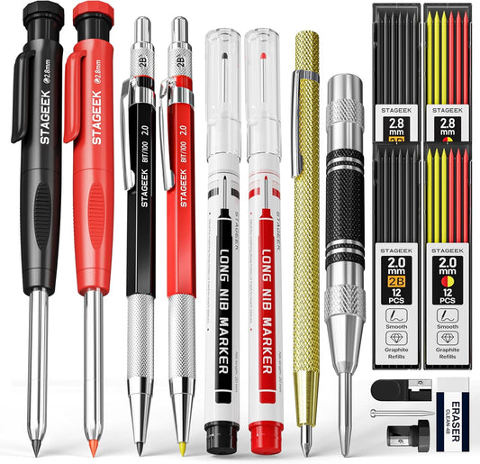 17 Pack Carpenter Pencil Set with Sharpener, Mechanical Carpenter Pencils with 60 Refills, Deep Hole Long-Nib Marker Pens, Carbide Scribe Tool & Construction Pencils for Architect with Case