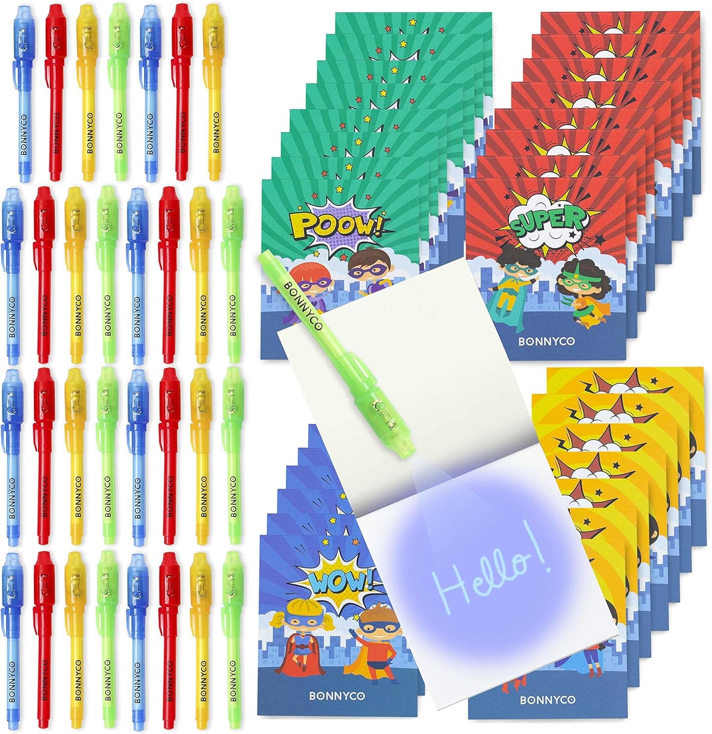 BONNYCO Invisible Ink Pen, Notebook Pack 32 Superhero Party Favors | Super Hero Party Favors for Kids Goodie Bags Stuffers Pinata Stuffers Classroom Prizes Return Gifts for Kids Birthday Student Gifts