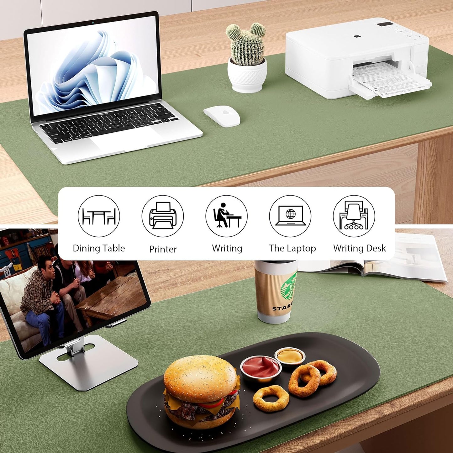 Aothia Dual-Sided Desk Mat - Natural Cork & Leather Desk Protector, Large Mouse Pad & Writing Pad for Office/Home, Olive Green (35.4" x 15.7")