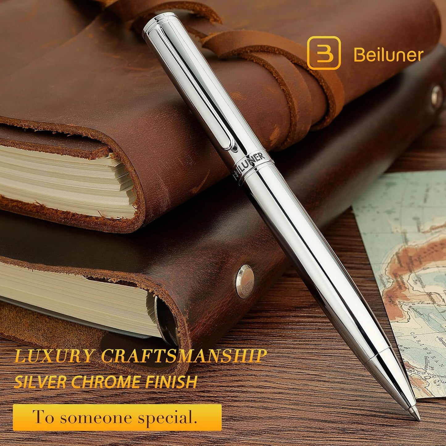 BEILUNER Silver Gel Pen - Luxury Featuring Bright Chrome Finishes, Black Ink Refill, Best Pen Gift Set for Men & Women, Business Signature, Executive, Office Retractable,Nice Fancy Designer Pens