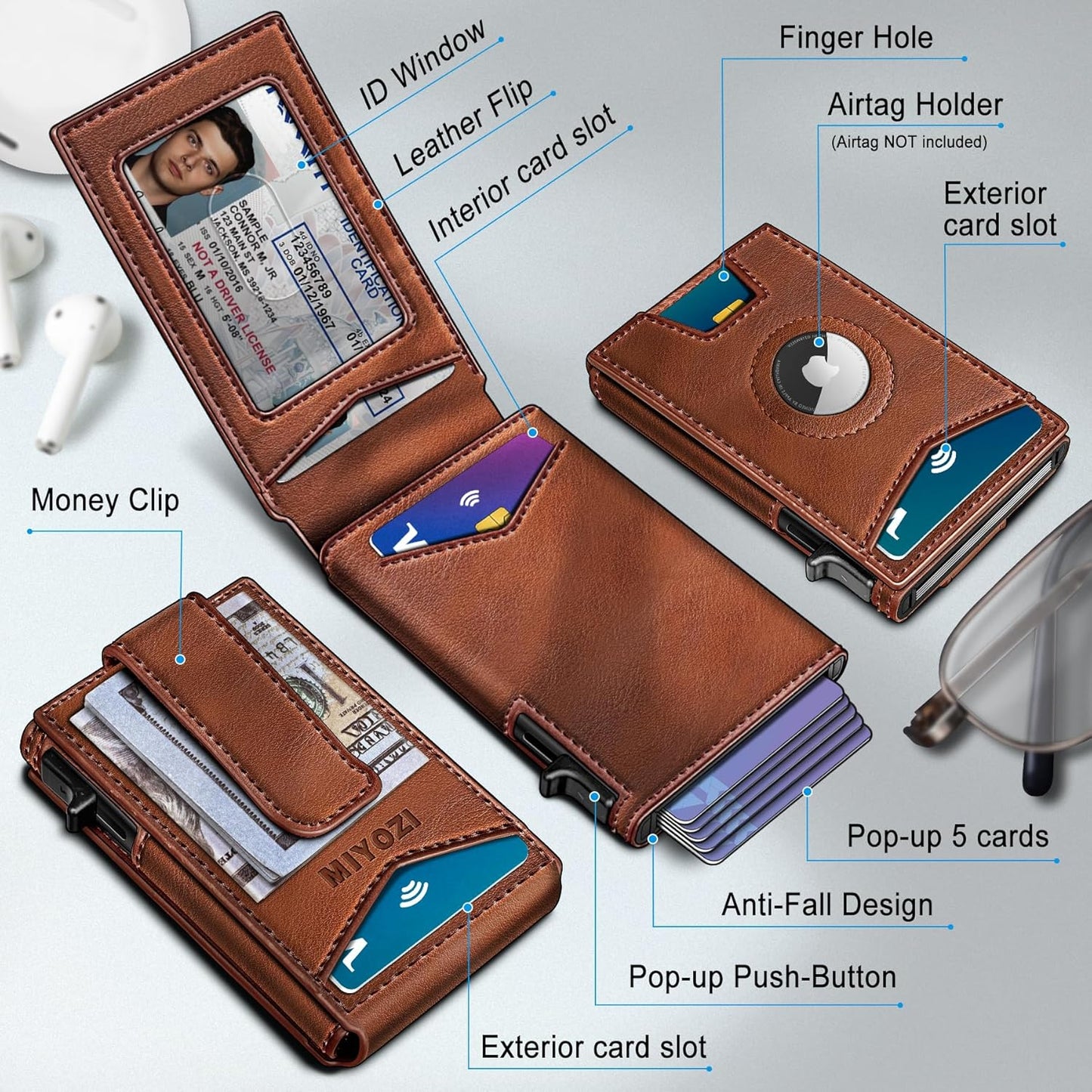 Airtag Wallet for Men,with Money Clip Gift Boxed,Slim Front Pocket Wallet RFID Blocking Metal Case Smart Pop-up Credit Card Holder in Magnetic Leather Flip