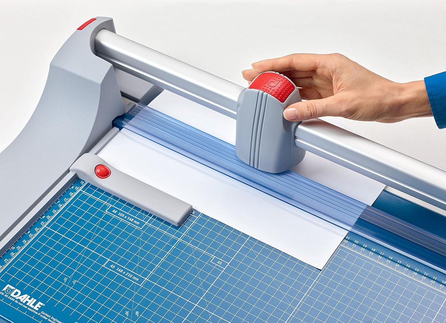 Dahle Large Format Premium Rolling Trimmer, 72" Cut Length, 12 Sheets Capacity, Cut Mat Board, Self-sharpening Blade Cuts in Both Directions, Ground Steel Blade, Automatic Clamp Holds (472)