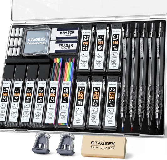 25PCS Art Mechanical Pencil Set, 3PCS Metal lead pencil 0.5, 0.7, 0.9, 2PCS 2mm Drawing Pencil (HB 2H 2B 4B Color) with 392PCS Graphite Leads, Eraser with Case for Drafting Drawing Writing