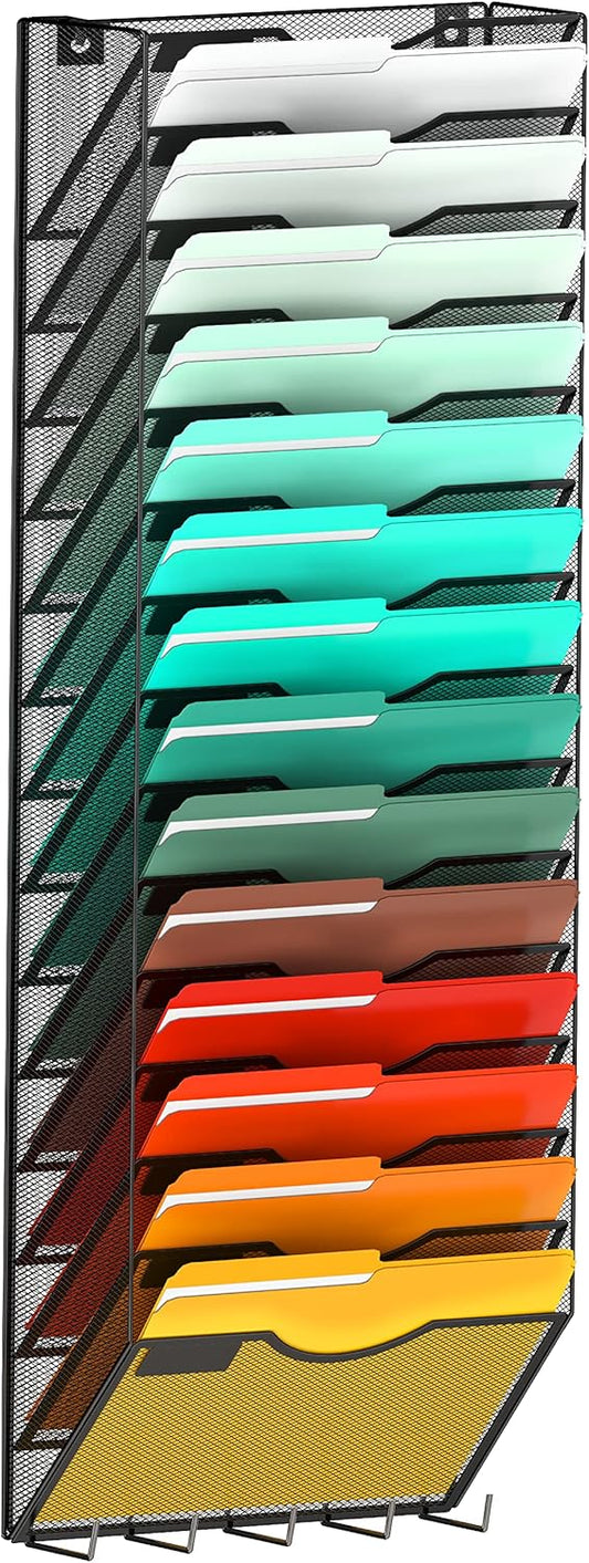 10-Tier Hanging Wall File Organizer Wall Mounted File Holder Document Wall Organizer for Office Organization and School Storage (No Assembly Required) (15 Tier Black)