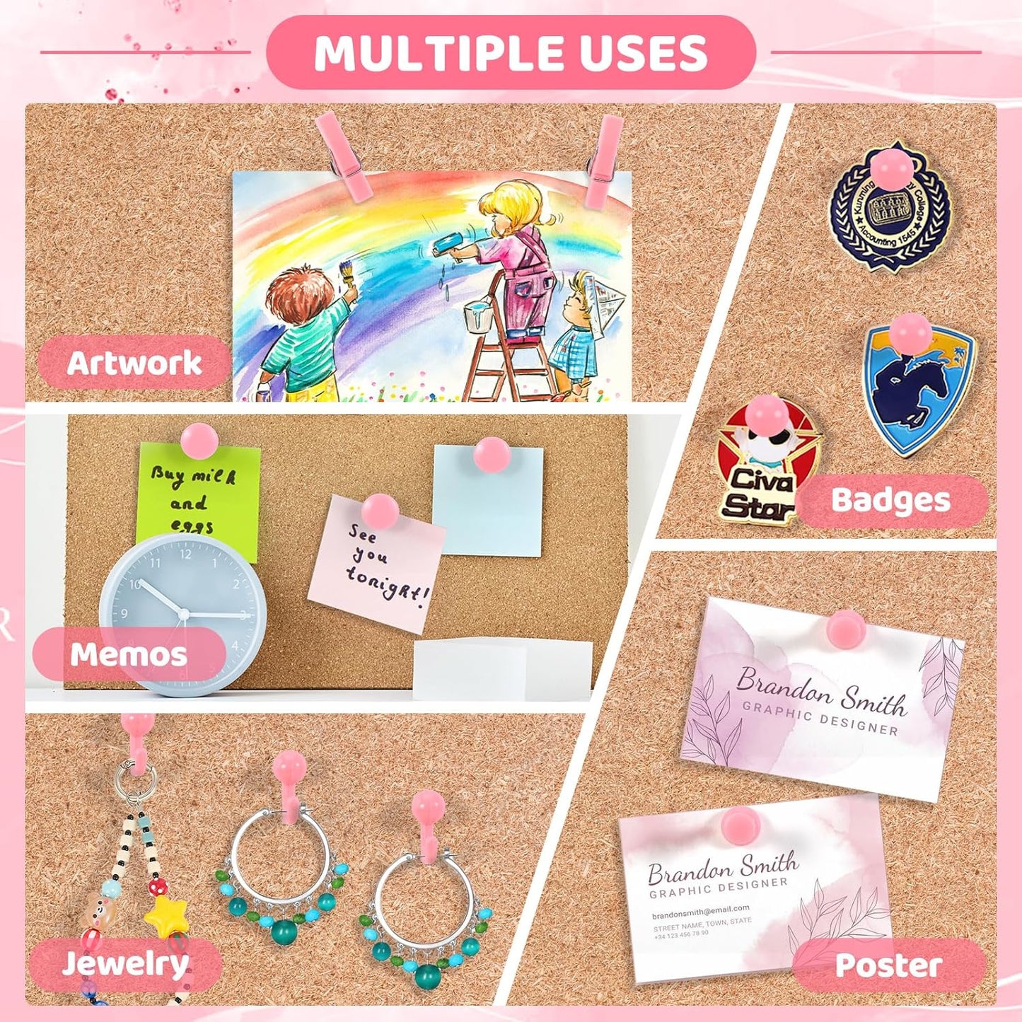 240Pcs Pink Thumb Tacks,5 Style Cute Push Pins, Decorative Push Pins for Bulletin Boards, Cork Board, Pink Office Supplies, Office Decor
