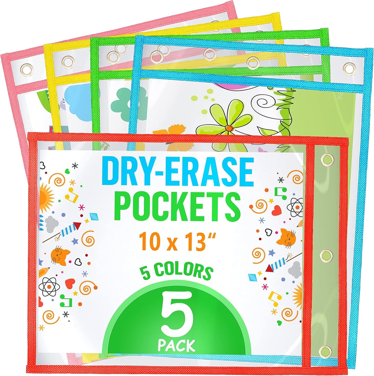 5 Dry Erase Pockets 10x13 Inch - Clear Sheet Protector Pouches - Clear Dry Erase Pockets Reusable Sleeves - Write and Wipe Pockets Pouches - Plastic Sleeves for Paper - Dry Erase Sheets Paper Sleeves