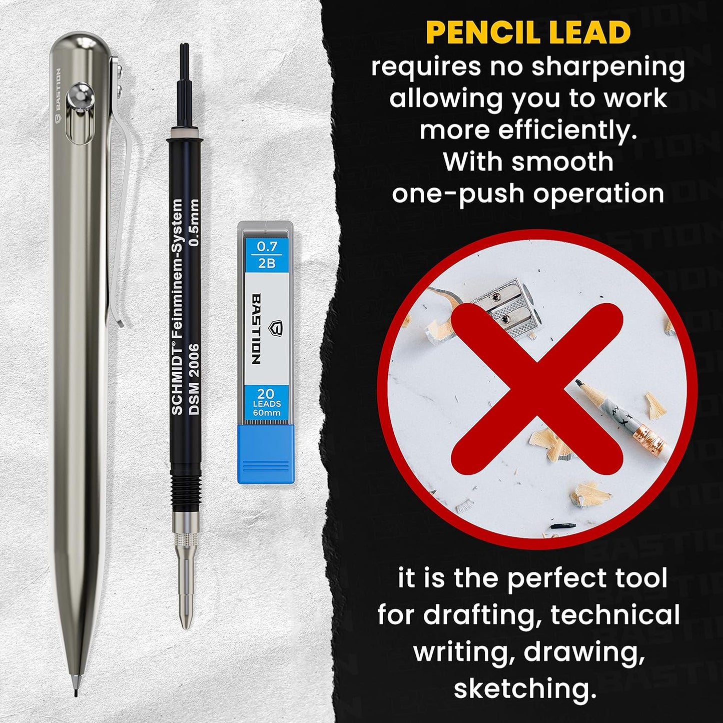 BASTION® Luxury Mechanical Pencil, Durable Professional Medium Point Pencil for Birthday Gift includes 20 x 0.77mm Lead Refills - Titanium