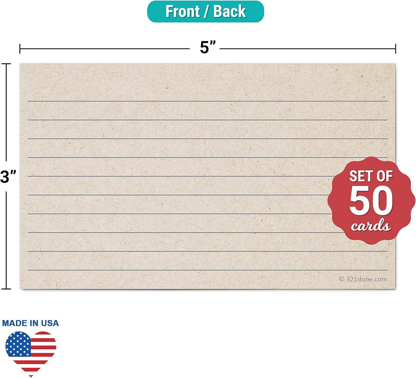 321Done Rustic Ruled Index Cards - Made in USA – Small 3x5 (Set of 50), Kraft Tan, Narrow-Ruled Lined Notecards Double-Sided, Thick Heavy Duty Cardstock, Simple Cute Pretty Note Cards with Lines