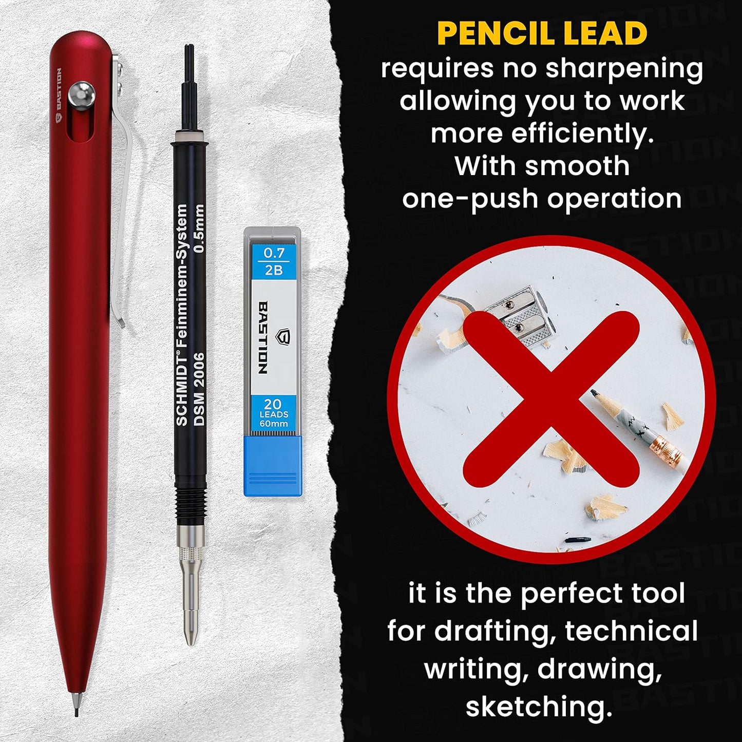 BASTION® Luxury Mechanical Pencil, Professional Lightweight Medium Point Aluminum Pencil for Birthday Gift includes 20 x 0.77mm Lead Refills - Red