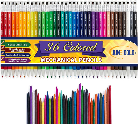 June Gold 36 Assorted Colored 2.0 mm Mechanical Pencils with 36 Unique Color Leads, Color Name is Printed on Each Pencil Barrel, Built in Rear Sharpener