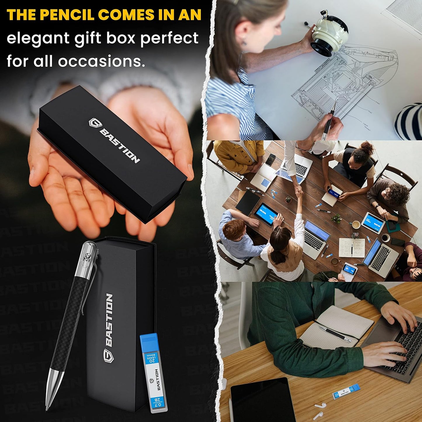 BASTION® Luxury Mechanical Pencil, Professional Medium Point Pencil for Birthday Gift includes 20 x 0.77mm Lead Refills - Carbon Fiber Stainless Steel