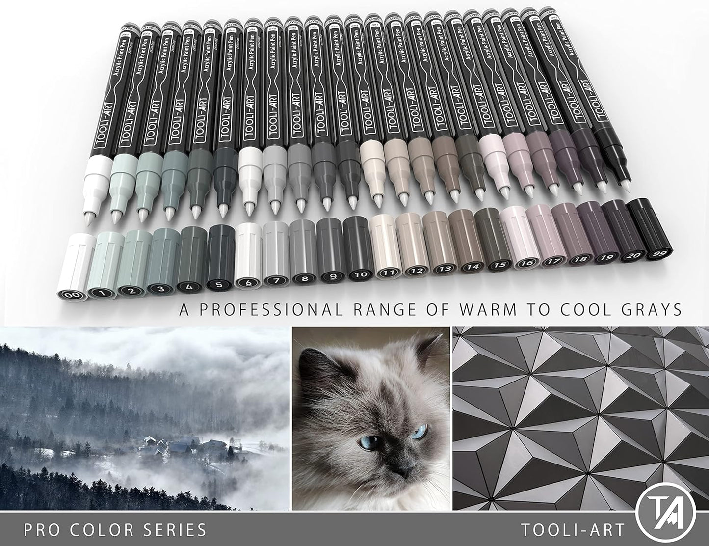Acrylic Paint Pens 22 Gray Tones Assorted Pro Color Series Markers Set 0.7mm Extra Fine Tip for Rock Painting, Glass, Mugs, Wood, Metal, Canvas, Projects, Non Toxic, Waterbased, Quick Drying