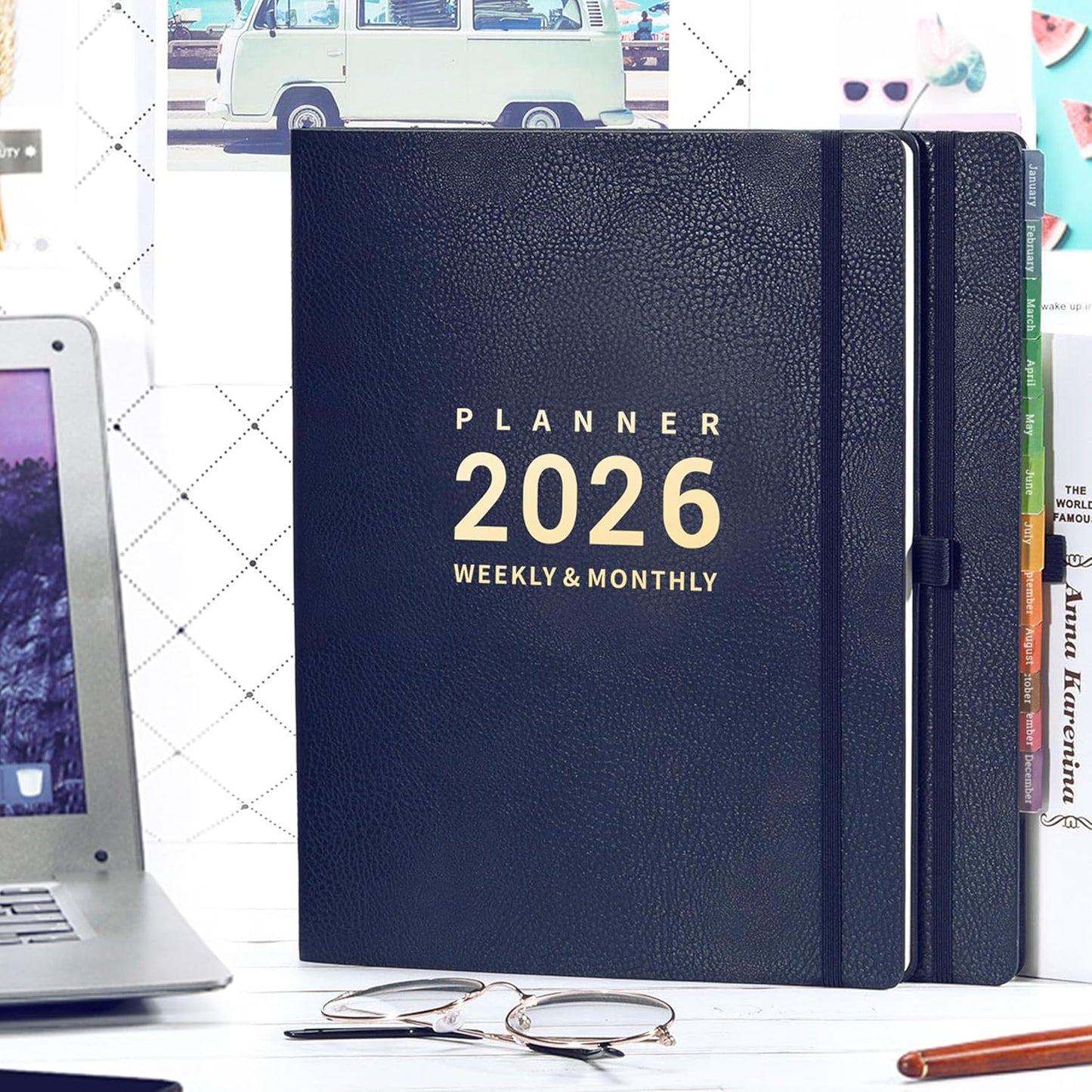 2026 Planner - Jan 2026 - Dec 2026, 2026 Planner Weekly and Monthly, 8.5" x 11", Pen Holder, Calendar Stickers, Pocket, 25 Notes Pages, Faux Leather Cover, A4 Premium Paper - Blue