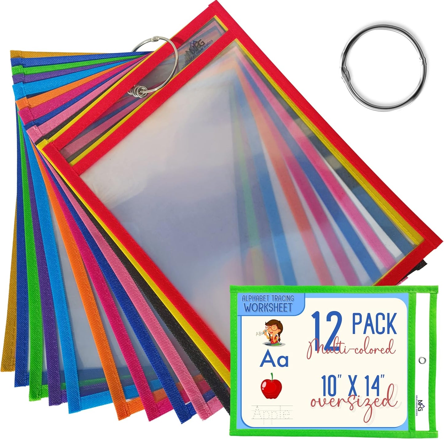12 Packs Oversized Dry Erase Pockets Sleeves - 10 Assorted Colors with Binder Ring - Dry Erase Sheets Reusable - 10x14 Ticket Holders - Clear Plastic Sheet Protectors for Classroom Teacher Supplies