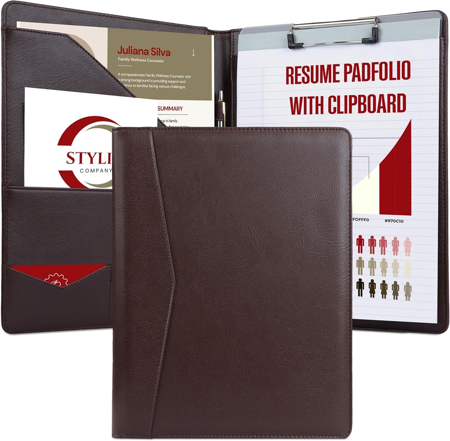 STYLIO Padfolio Folder with Removable Clipboard | Walnut (Brown) Color| Portfolio Organizer | Binder with Storage for Notebook, Notepad | Nursing Clipboard Folio | Vegan Leather