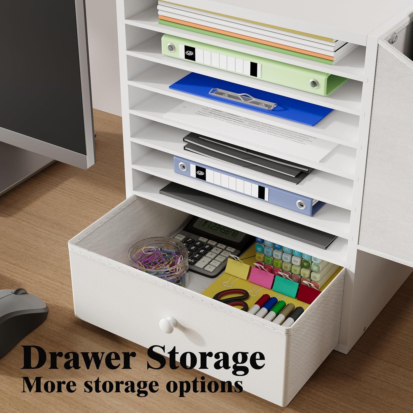 7 Tier Adjustable Countertop Mail Sorter with Drawer, Office Mailboxes With Name Slots, 12 X 12 Paper Storage Slot, Office Desk File Organizer, Wooden Desktop Mailbox For Classroom, White