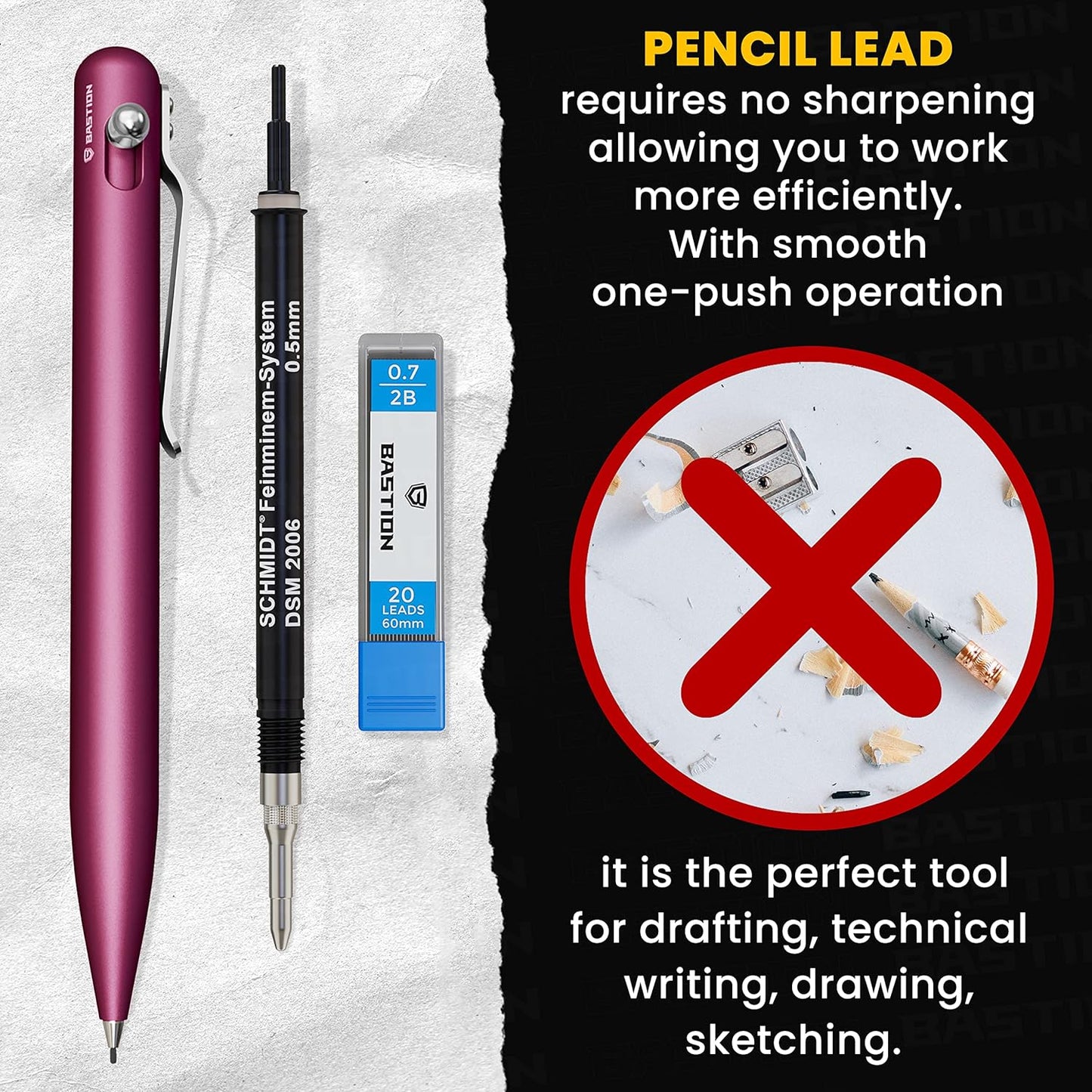 BASTION® Luxury Mechanical Pencil, Professional Lightweight Medium Point Aluminum Pencil for Birthday Gift includes 20 x 0.77mm Lead Refills - Pink