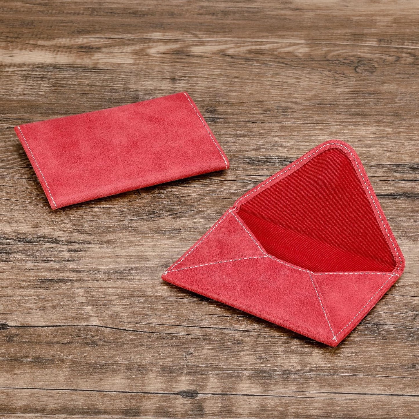 HISCOW Envelope Business Card Case with Magnet Closure - Italian Calfskin (Vintage Red)