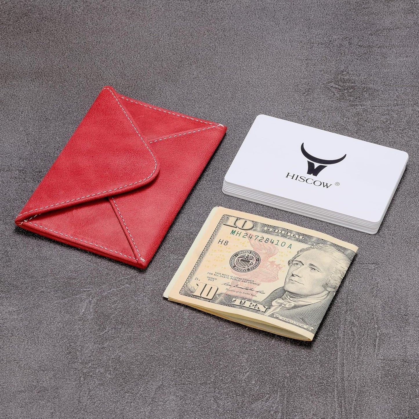 HISCOW Envelope Business Card Case with Magnet Closure - Italian Calfskin (Vintage Red)